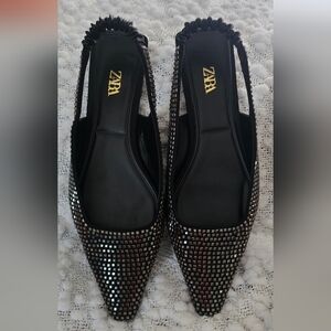 ZARA Black Embellished Pointed Toe Slingback Flats